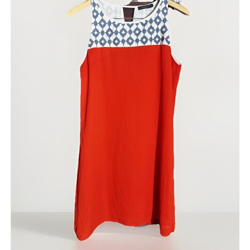 THML Orange Red Shift Dress M Keyhole Blue Embroidered Yoke Anthropologie